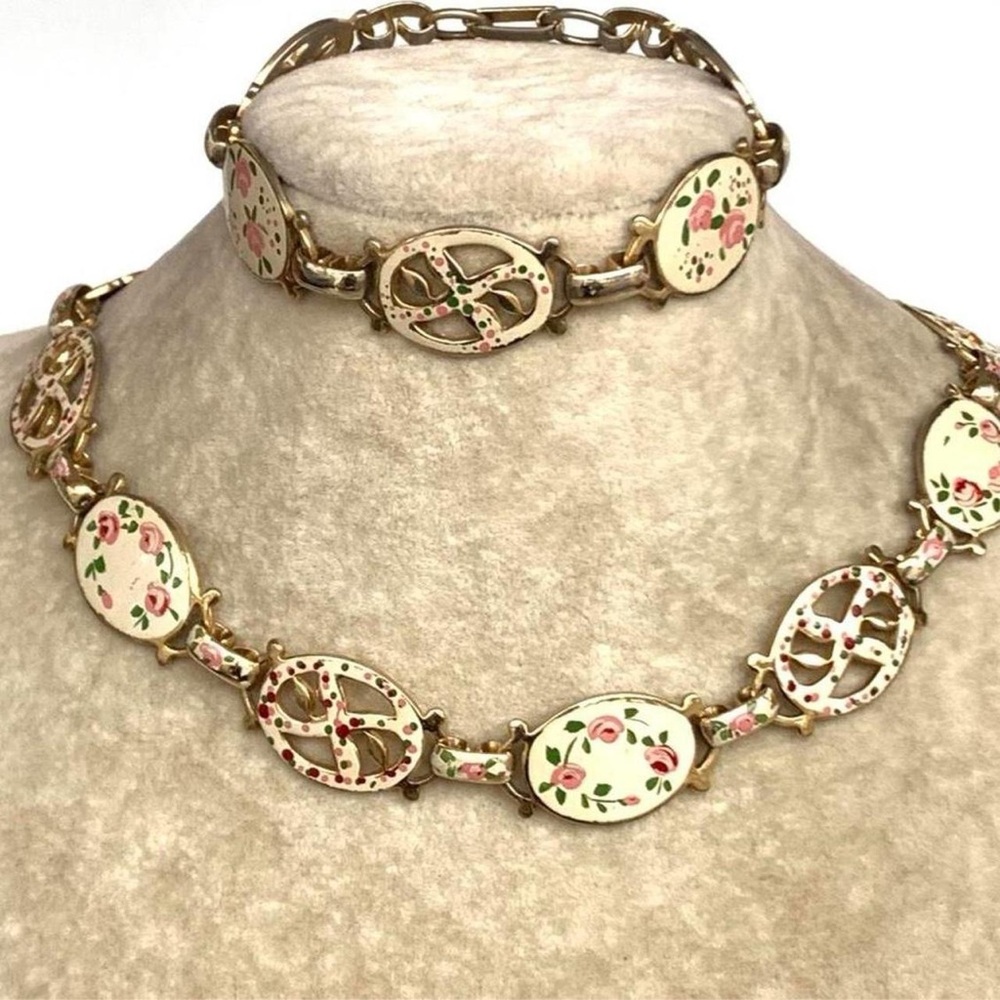 Enamel Floral Oval Link Necklace and Bracelet Set Vintage Cream & Pink